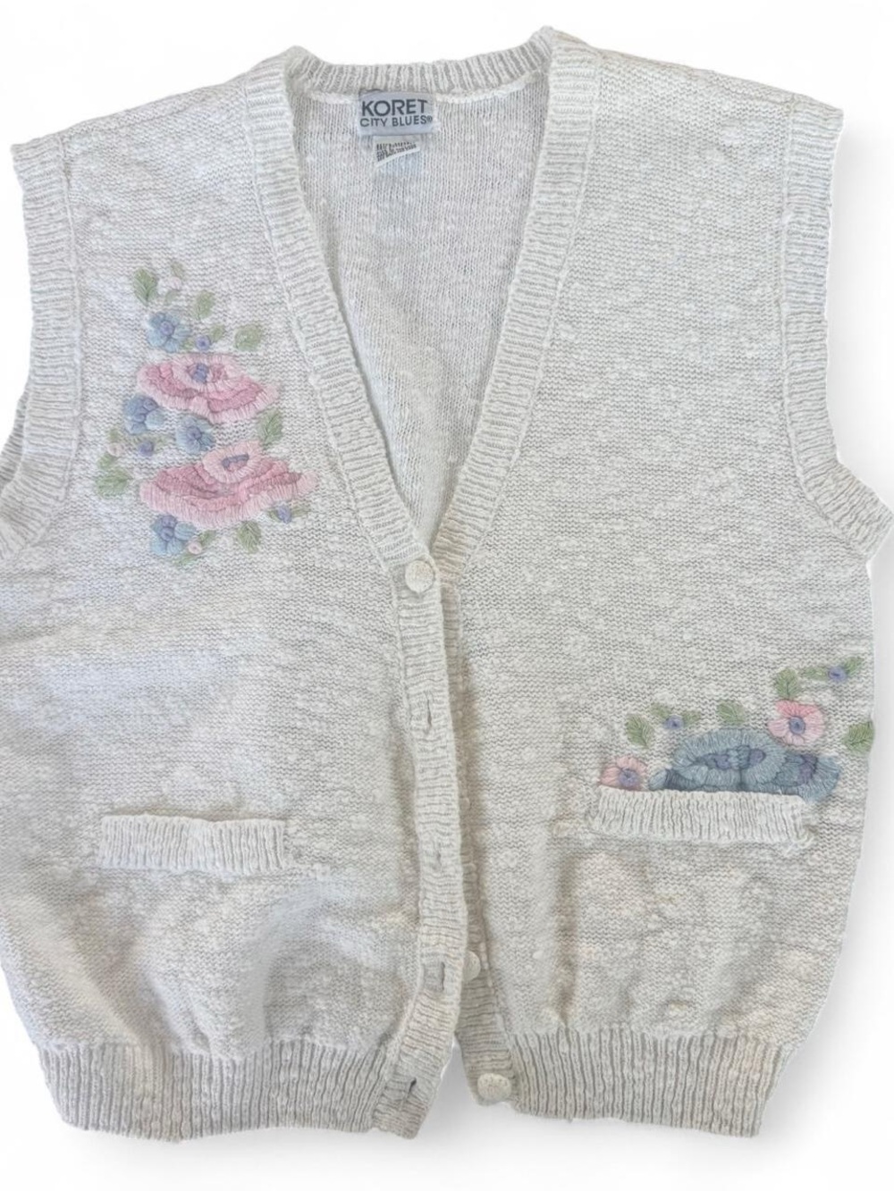Koret Cream V-Neck Floral Embroidered Sweater Vest